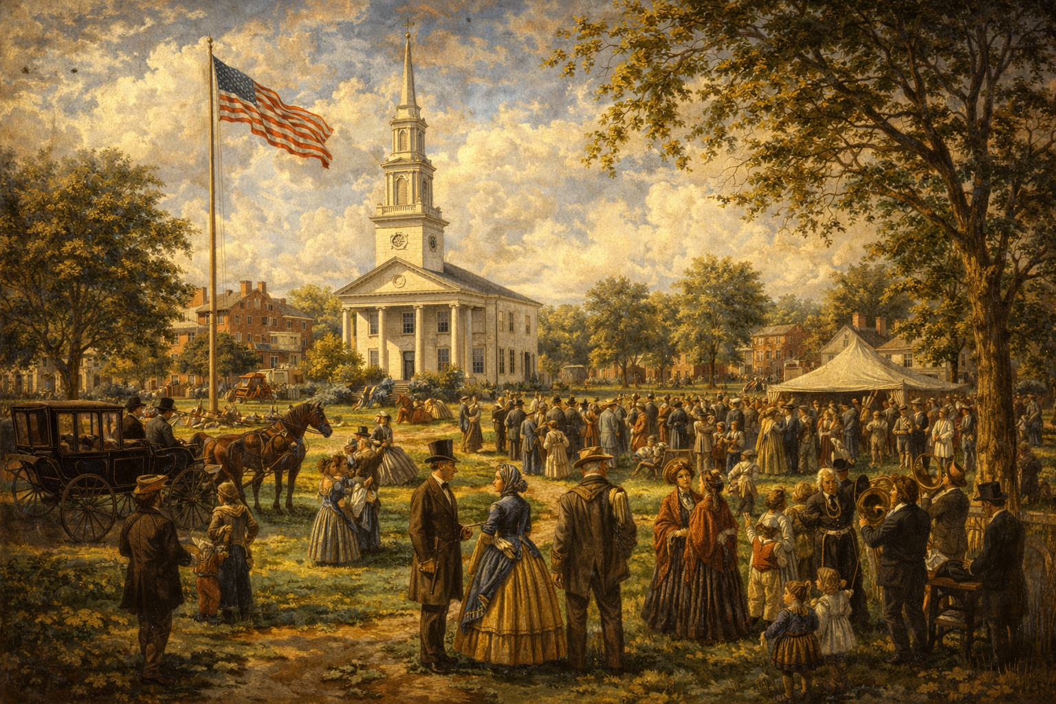 歴史あるタウン・グリーンのイメージ。広場文化を感じさせる。