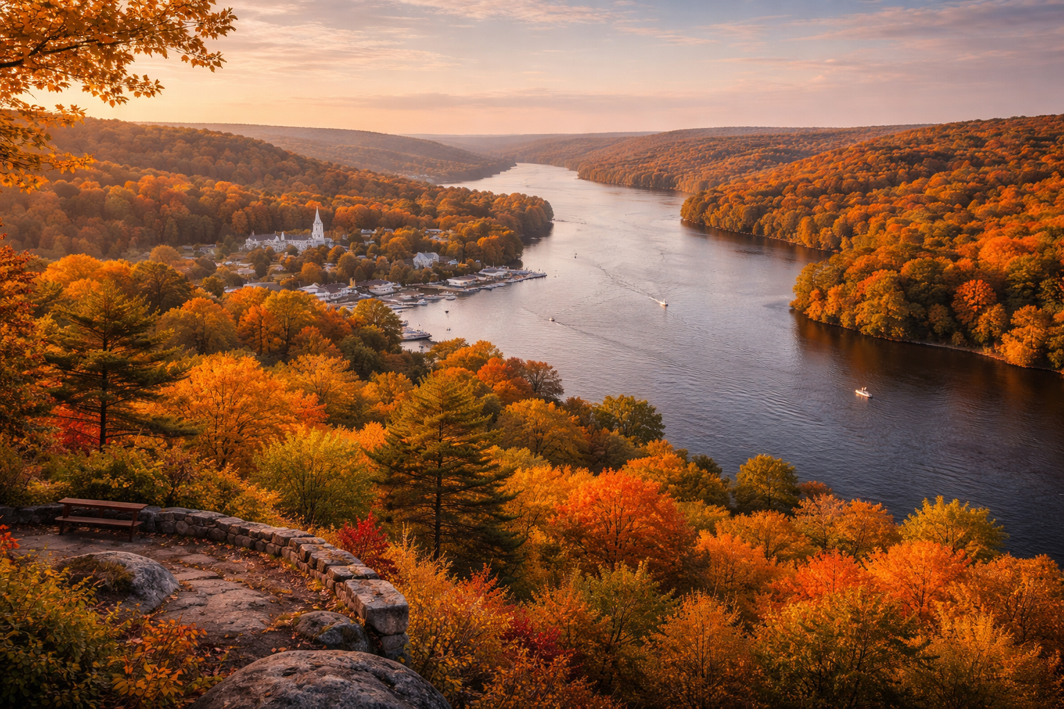 秋のコネチカットを象徴する川と丘のパノラマ。