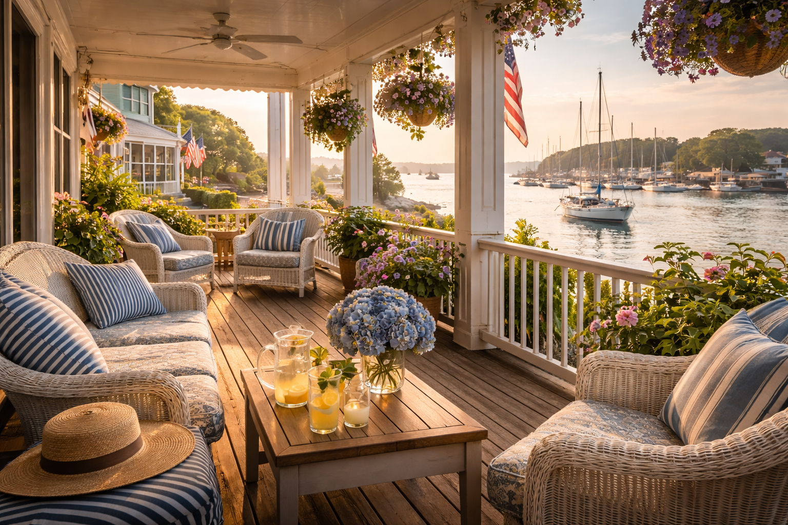 海辺のベランダを持つ宿。コネチカットの滞在美学を象徴する一枚。