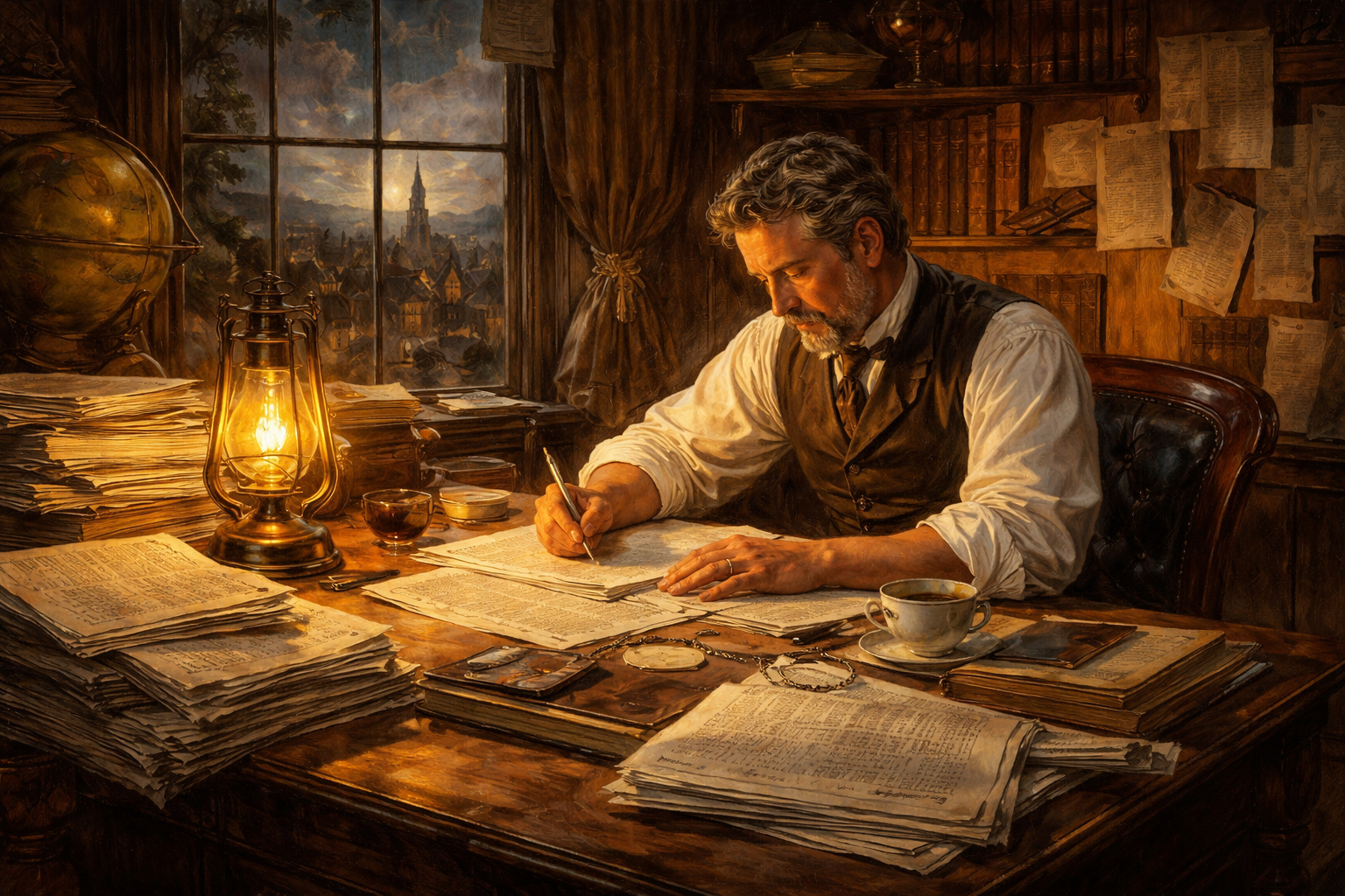 古い記録と灯り。史実と fascination のあいだを象徴する。