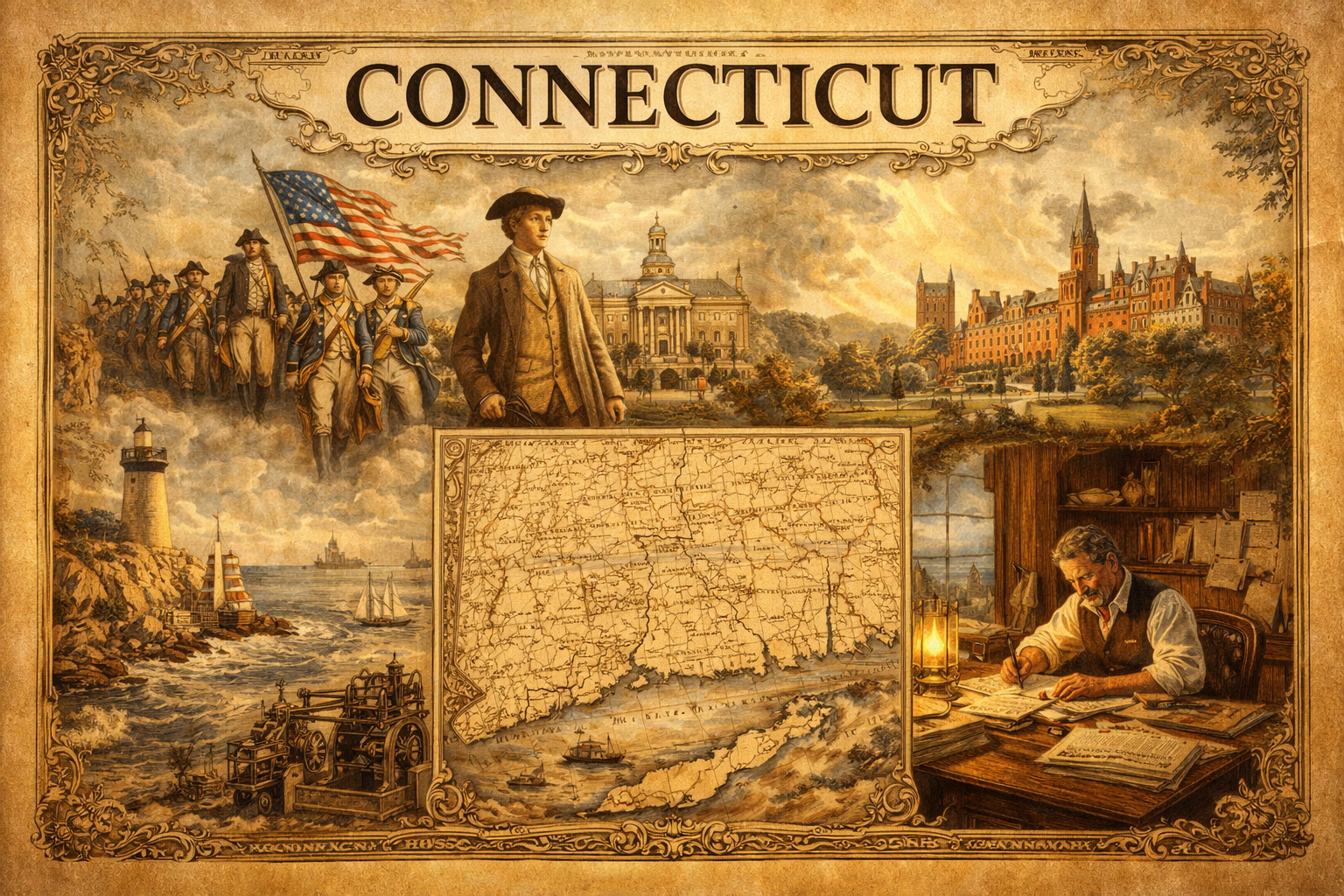 学都、海辺、歴史、文化が一枚に重なるコネチカットの紙面風コラージュ。