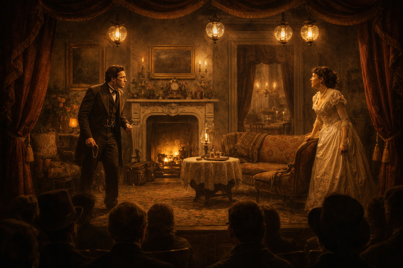 ガス灯の舞台と劇場の空気を感じさせるイメージ。