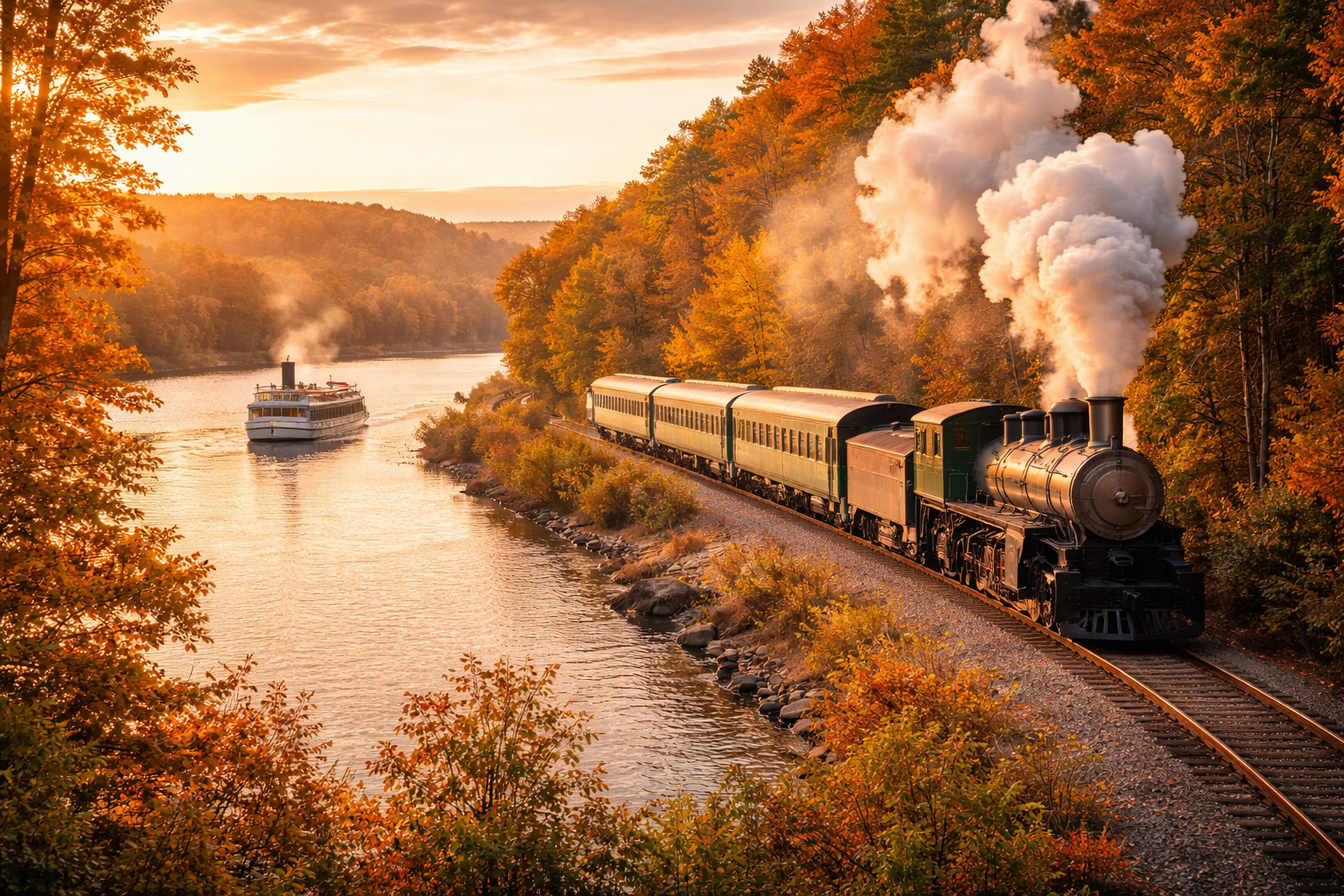 州をつなぐ旅の導線を象徴する川沿いの列車風景。