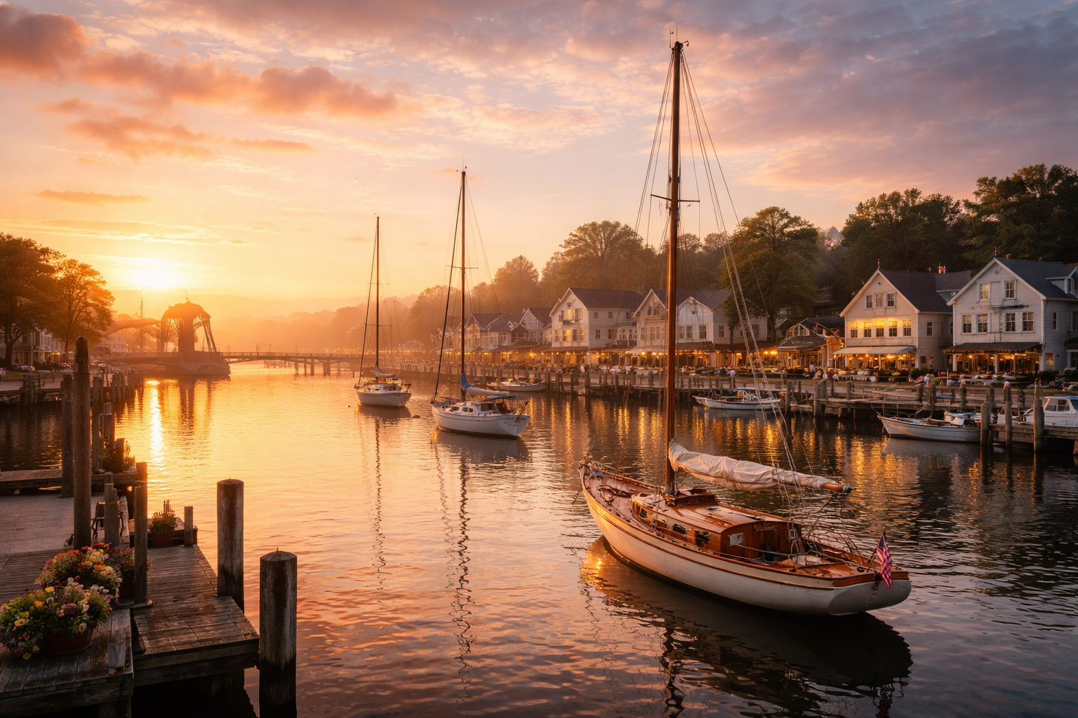 朝のミスティック港。海辺の二泊旅を象徴する。