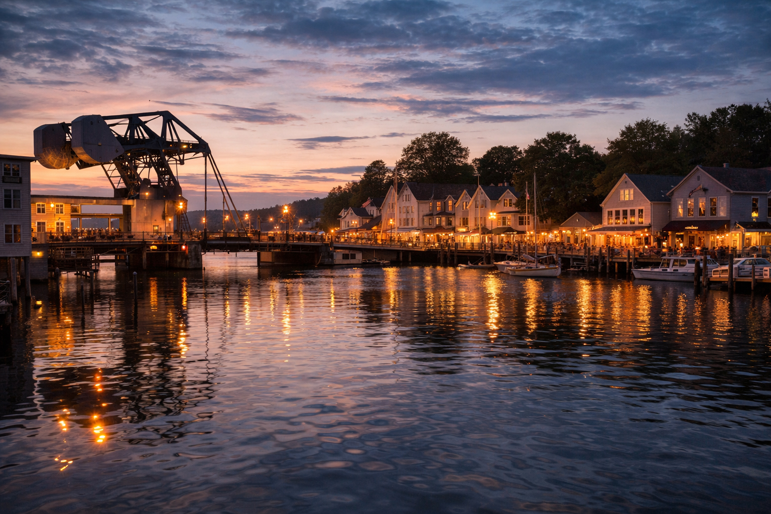 夕暮れのミスティック橋。歩いて楽しい町なか滞在を象徴する。