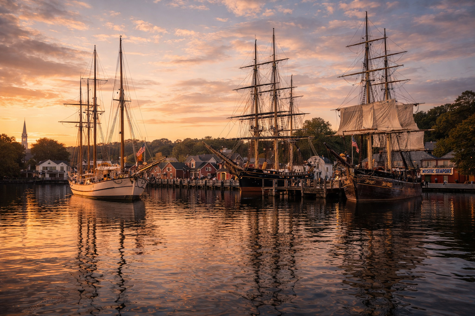 ミスティックの帆船群。港町と海事文化の中心。