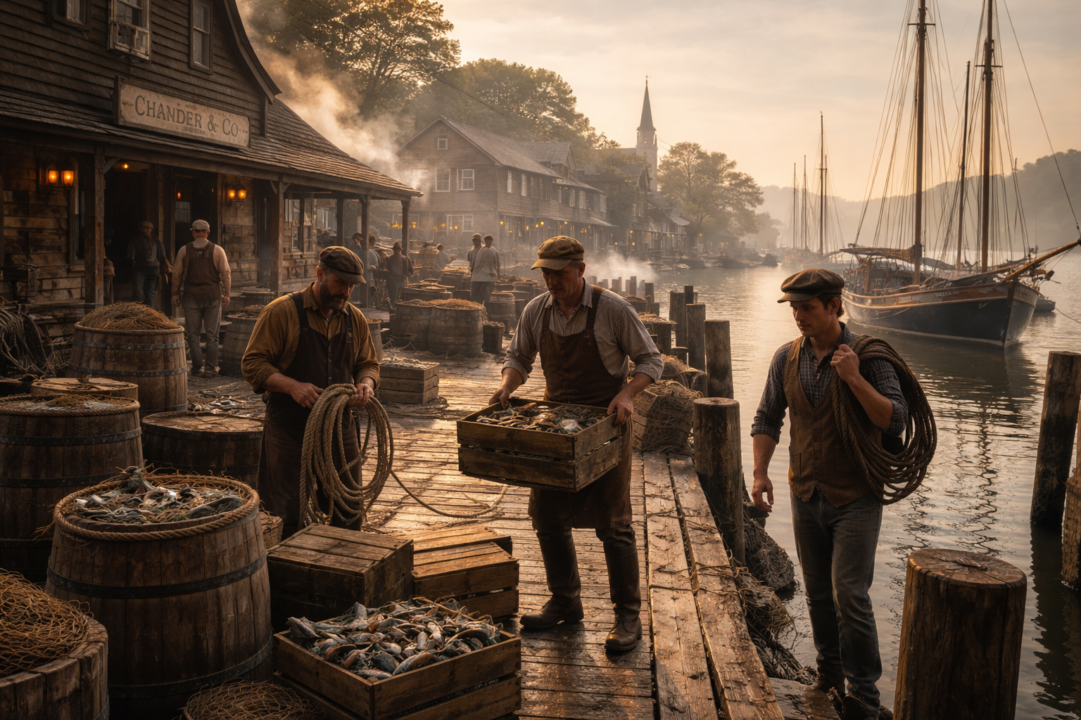 朝のミスティック港。横断旅の海辺パート。