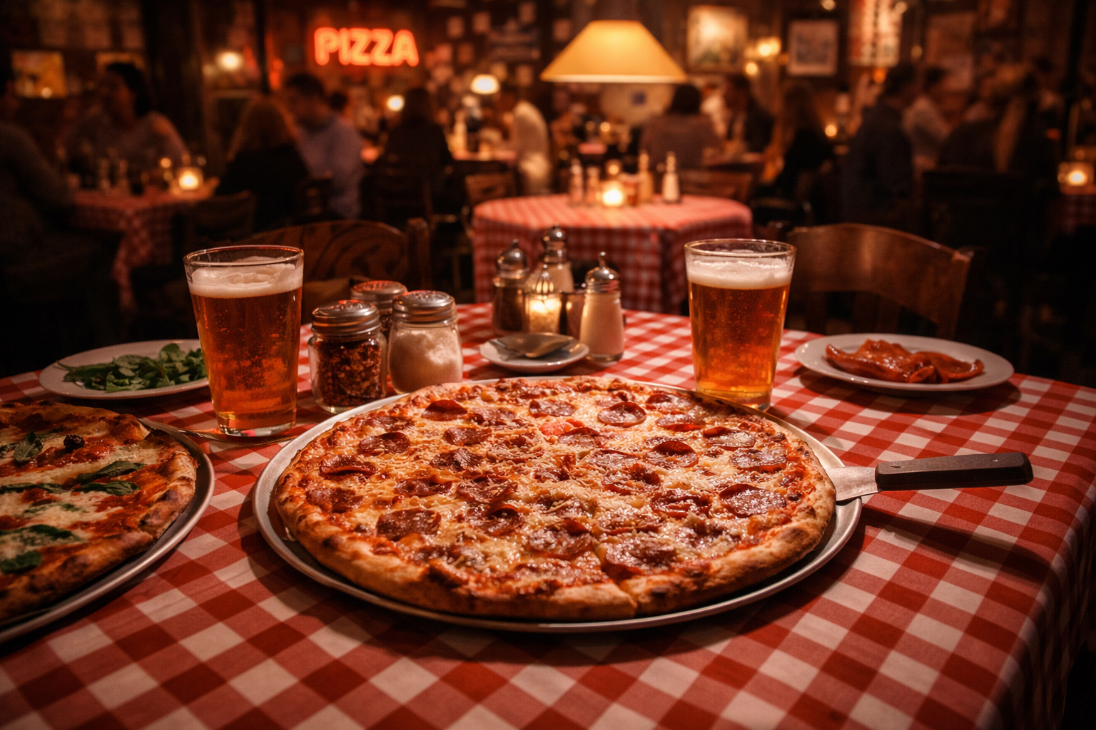 夕方のテーブルに置かれた New Haven ピザ。町の夜そのものを象徴する。