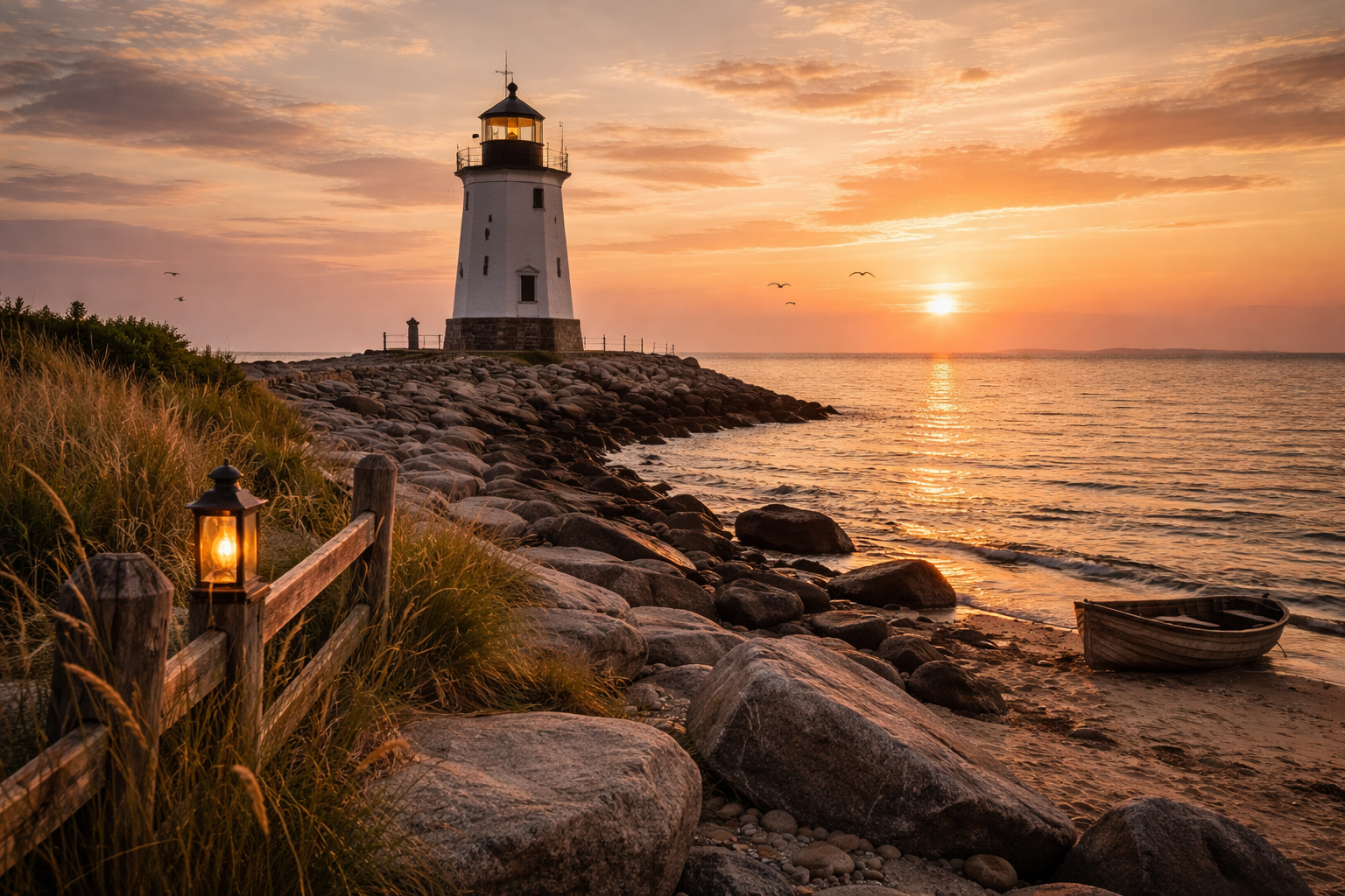 海辺の光と灯台。コネチカット沿岸の静かな宿泊体験を象徴する。
