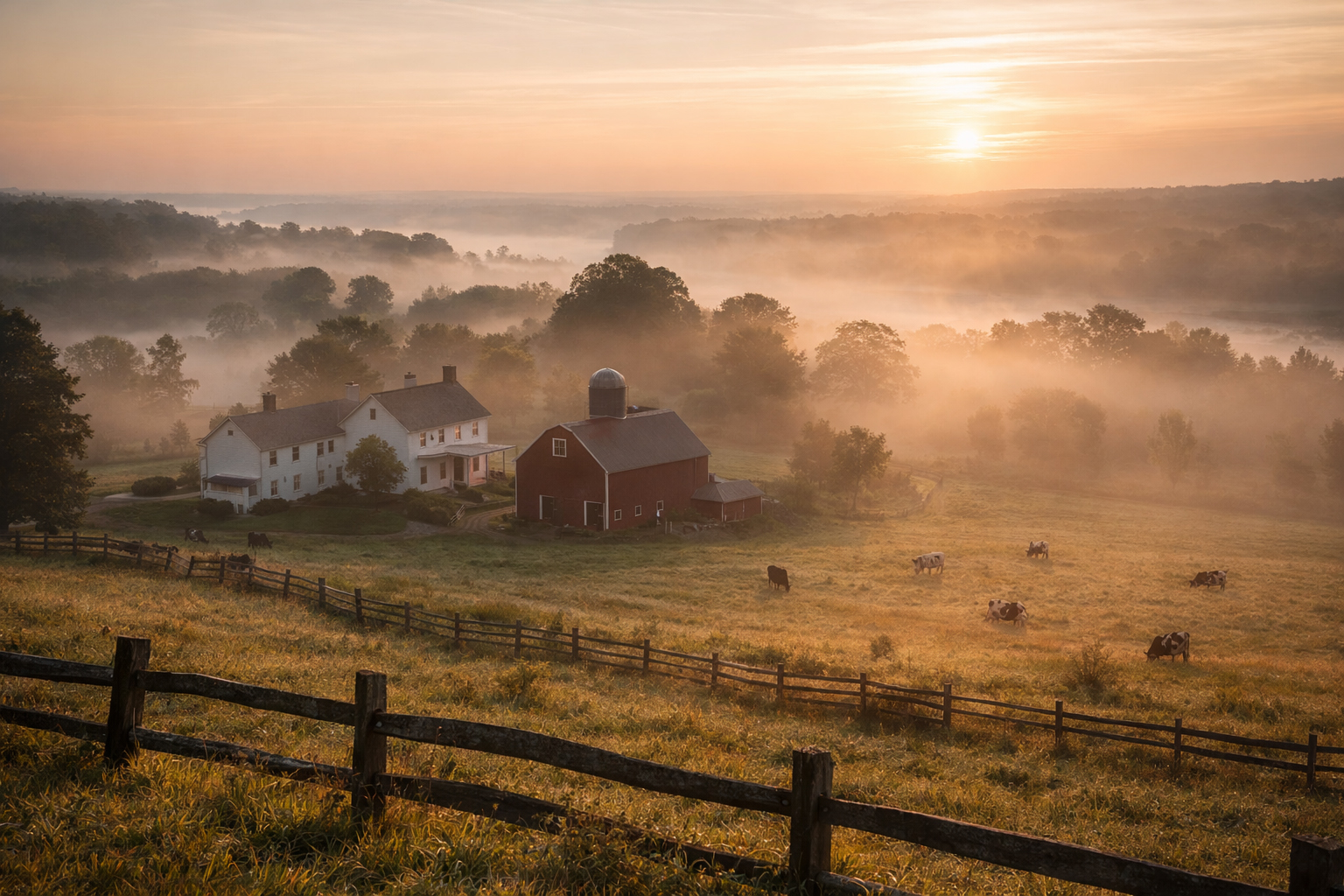 朝霧の川沿いの風景。オールドライム周辺の静かな春を思わせる。