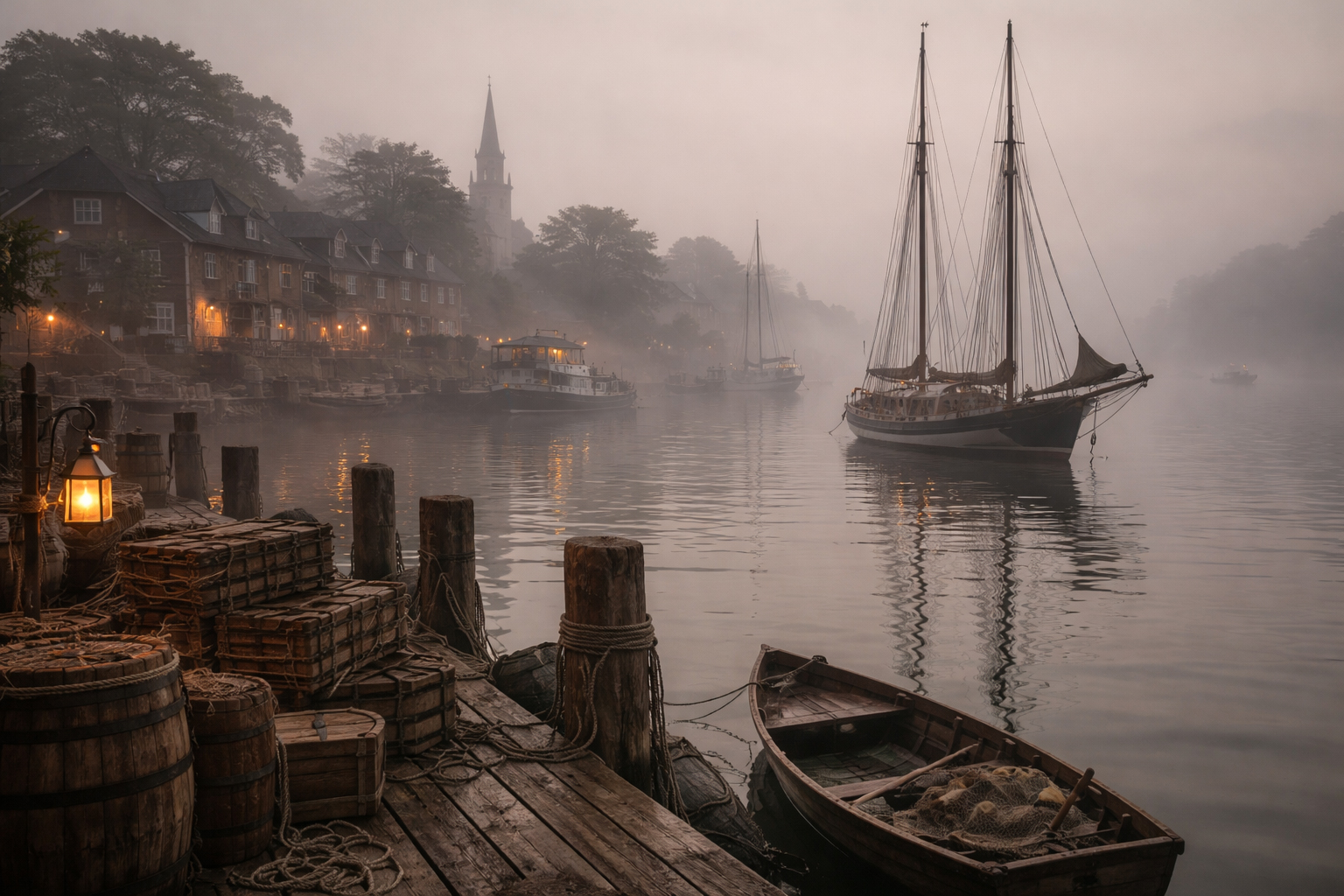 霧のかかったコネチカットの港町。海岸セクションを象徴する風景。