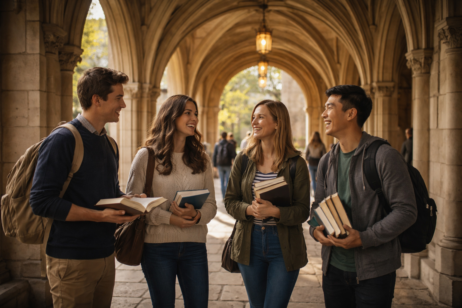 ゴシック建築のアーチの下を歩く学生たち。Yale周辺の知的な空気を感じさせる。