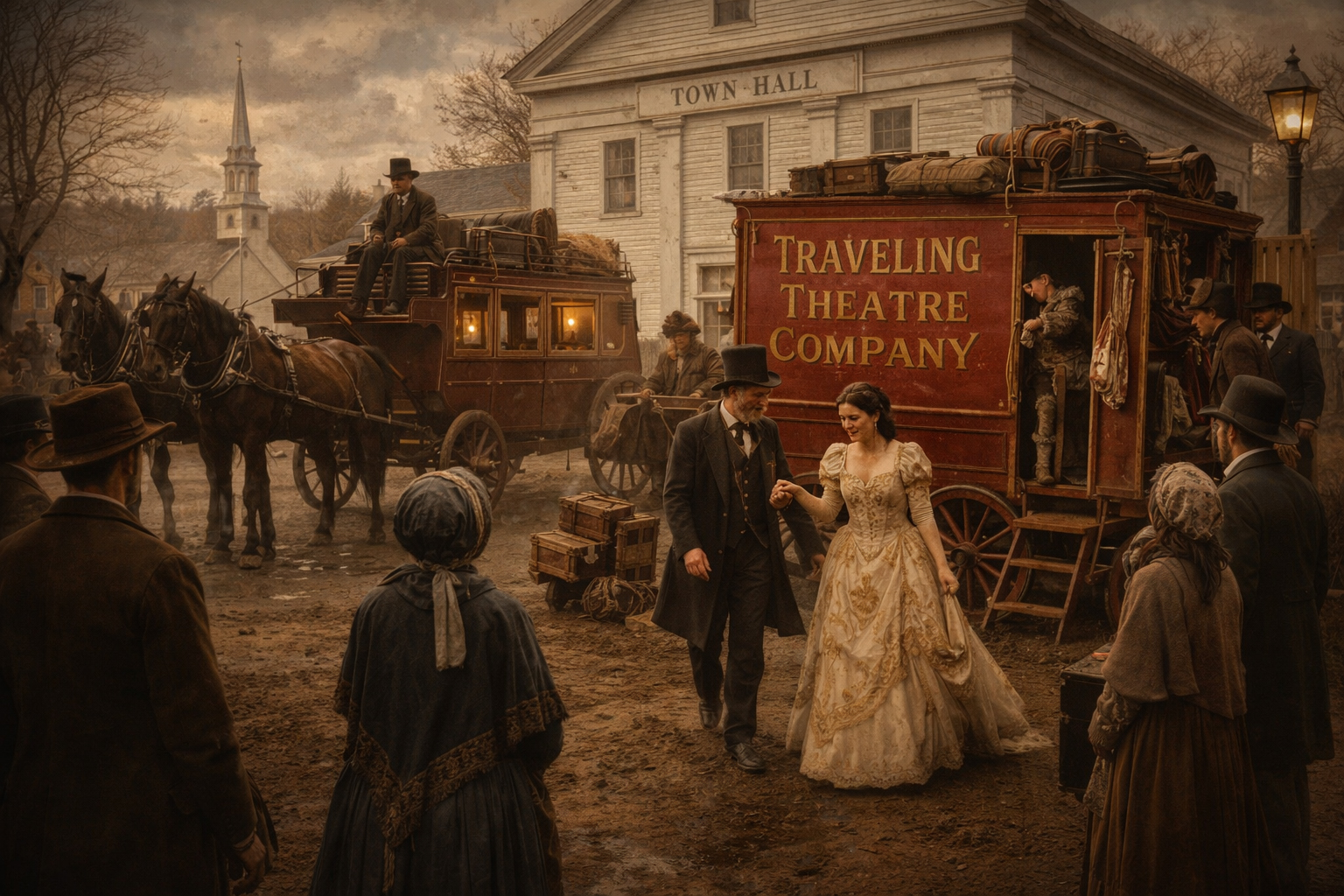 旅回りの劇団が町にやって来るイメージ。