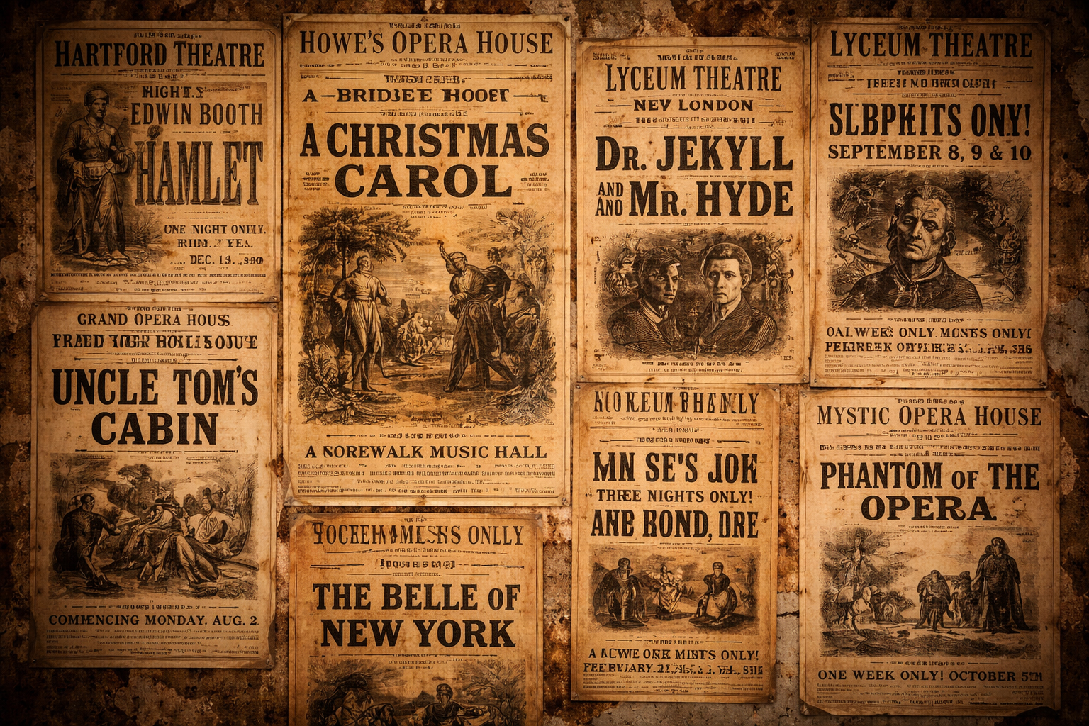 playbill と poster が並ぶ theatrical wall のイメージ。
