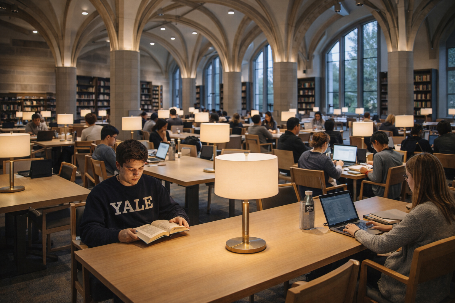 静かな読書室のような空間。ニューヘイブンの知的な旅の時間を象徴する。